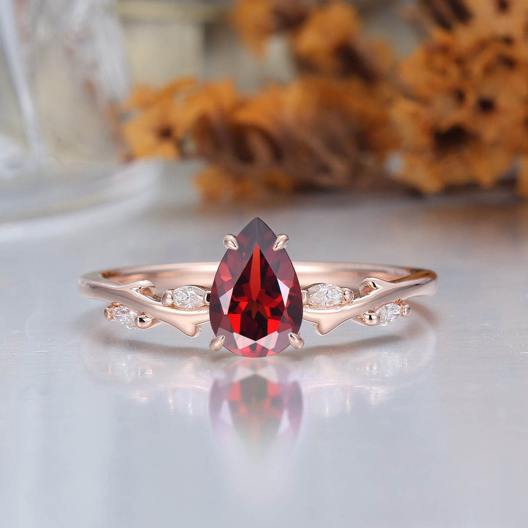 Vintage Leaf Vines 14k Solid Gold Pear Cut Natural Red Garnet Dianmond Ring -  Esdomera.com