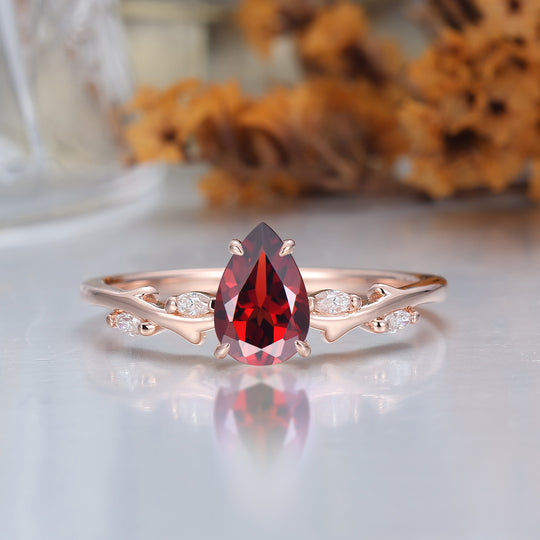 Vintage Leaf Vines 14k Solid Gold Pear Cut Natural Red Garnet Dianmond Ring -  Esdomera.com