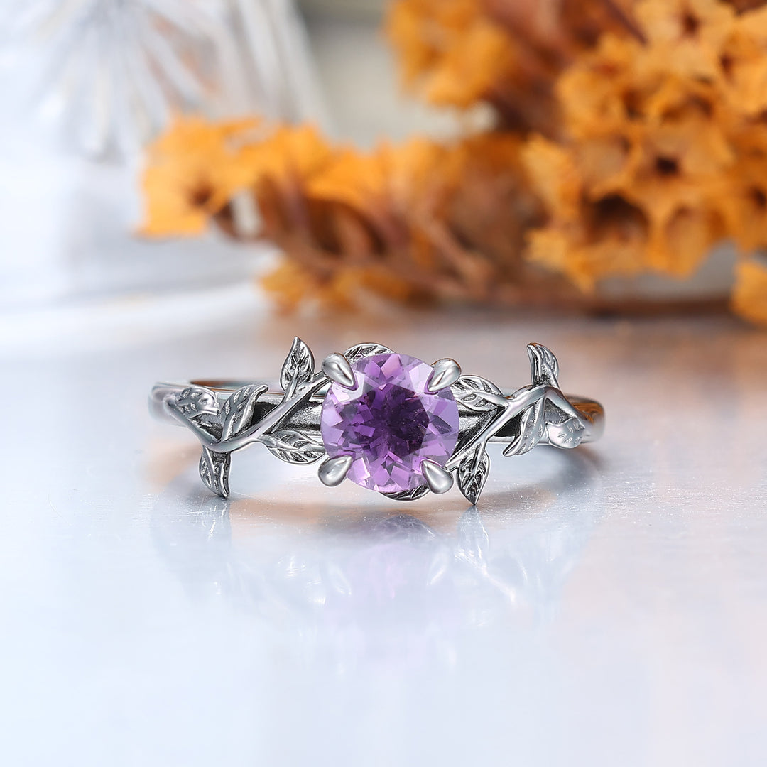 Ensemble de bagues de fiançailles pour couples en améthyste naturelle taille ronde 0,8CT feuille