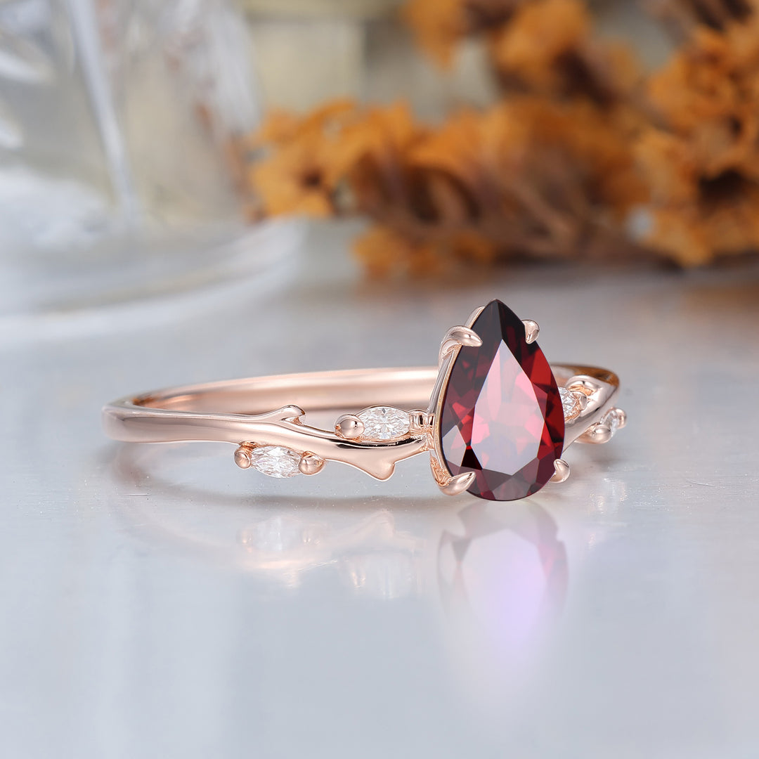 Vintage Leaf Vines 14k Solid Gold Pear Cut Natural Red Garnet Dianmond Ring -  Esdomera.com