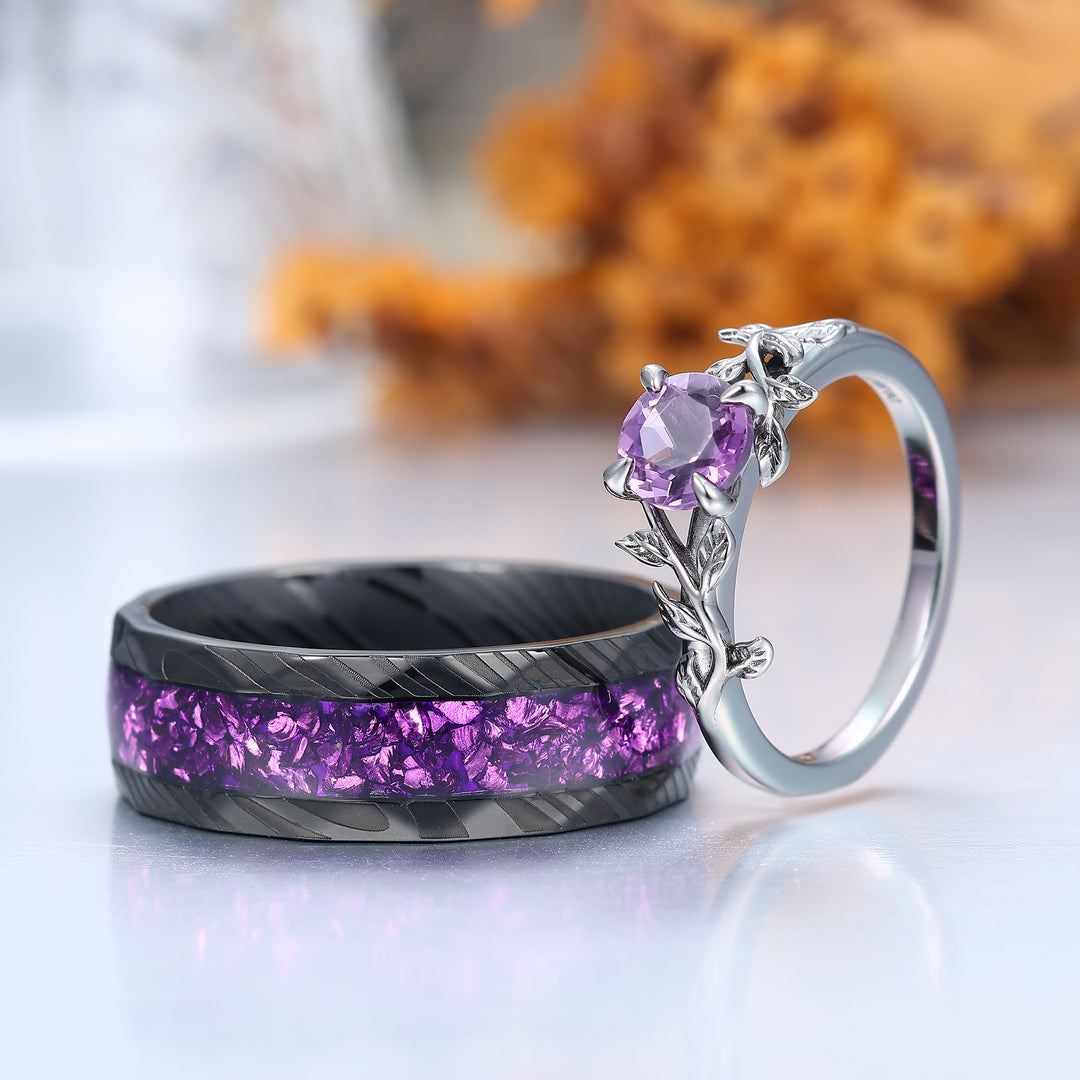 Ensemble de bagues de fiançailles pour couples en améthyste naturelle taille ronde 0,8CT feuille