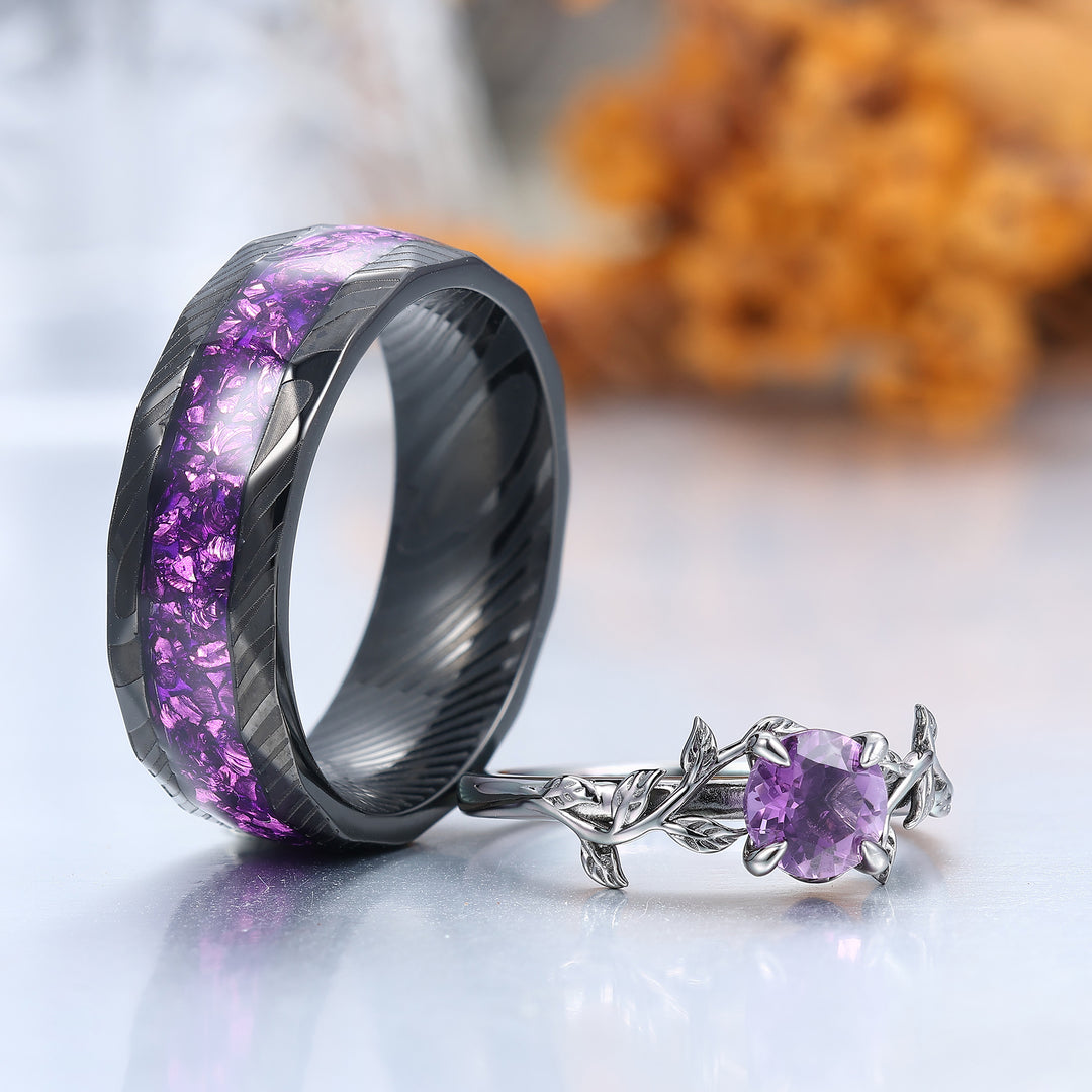 Ensemble de bagues de fiançailles pour couples en améthyste naturelle taille ronde 0,8CT feuille