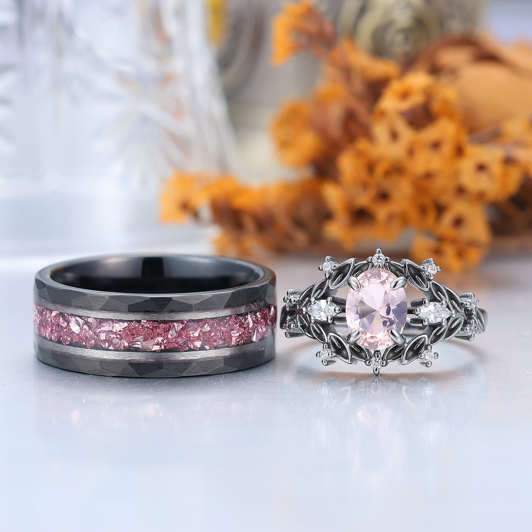 2 pièces Bagues couple style feuille en morganite rose, ensemble de bagues de mariage en argent S925 et tungstène plaqué noir