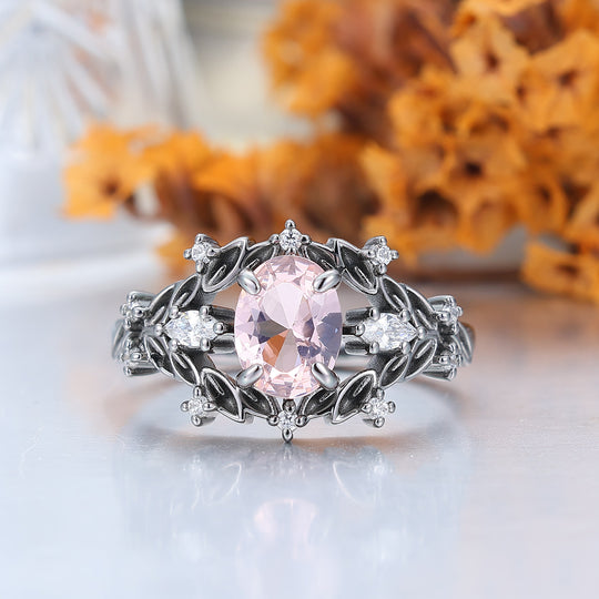 2 pièces Bagues couple style feuille en morganite rose, ensemble de bagues de mariage en argent S925 et tungstène plaqué noir