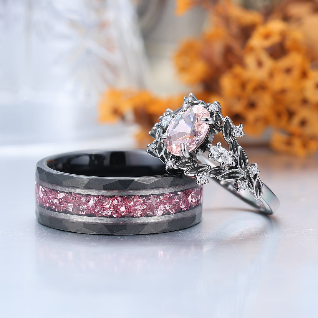 2 pièces Bagues couple style feuille en morganite rose, ensemble de bagues de mariage en argent S925 et tungstène plaqué noir