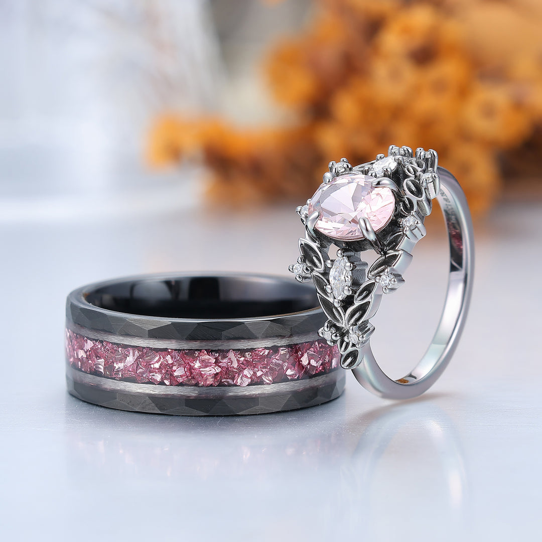 2 pièces Bagues couple style feuille en morganite rose, ensemble de bagues de mariage en argent S925 et tungstène plaqué noir
