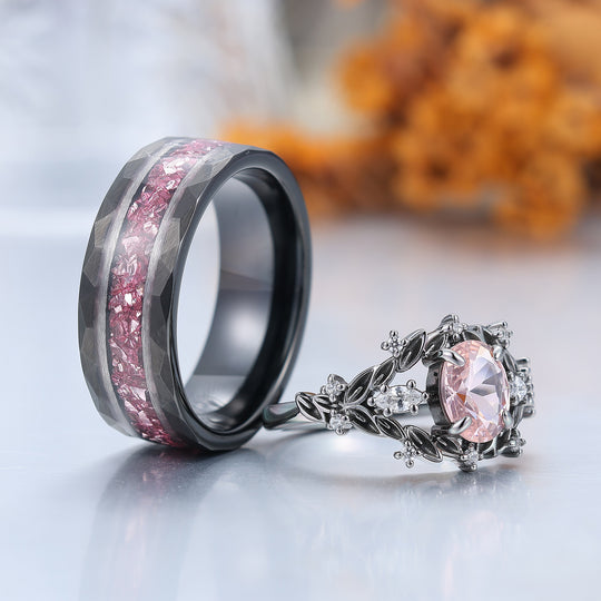 2 pièces Bagues couple style feuille en morganite rose, ensemble de bagues de mariage en argent S925 et tungstène plaqué noir