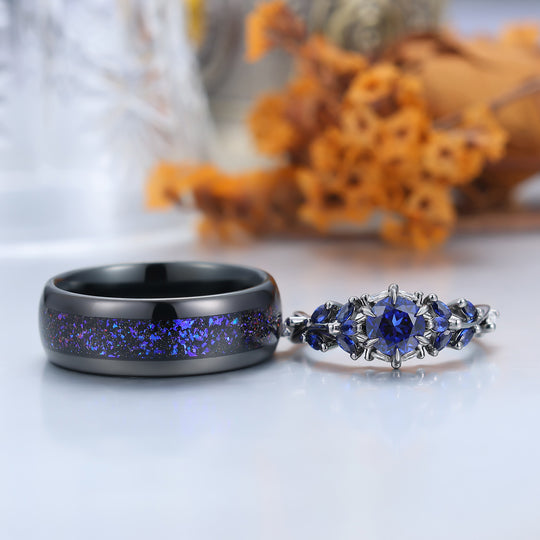 Unique Sapphire Sprigs Engagement His And Hers Wedding Bands Blue Polished Dome Tungsten Rings For Couples