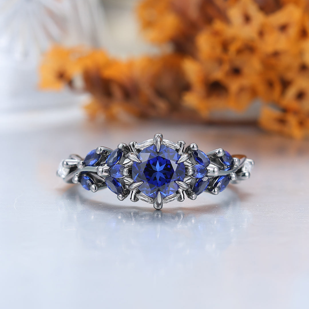 Unique Sapphire Sprigs Engagement His And Hers Wedding Bands Blue Polished Dome Tungsten Rings For Couples
