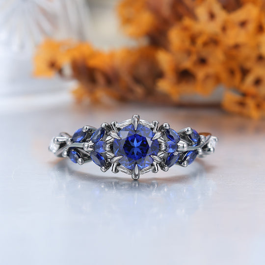 Unique Sapphire Sprigs Engagement His And Hers Wedding Bands Blue Polished Dome Tungsten Rings For Couples