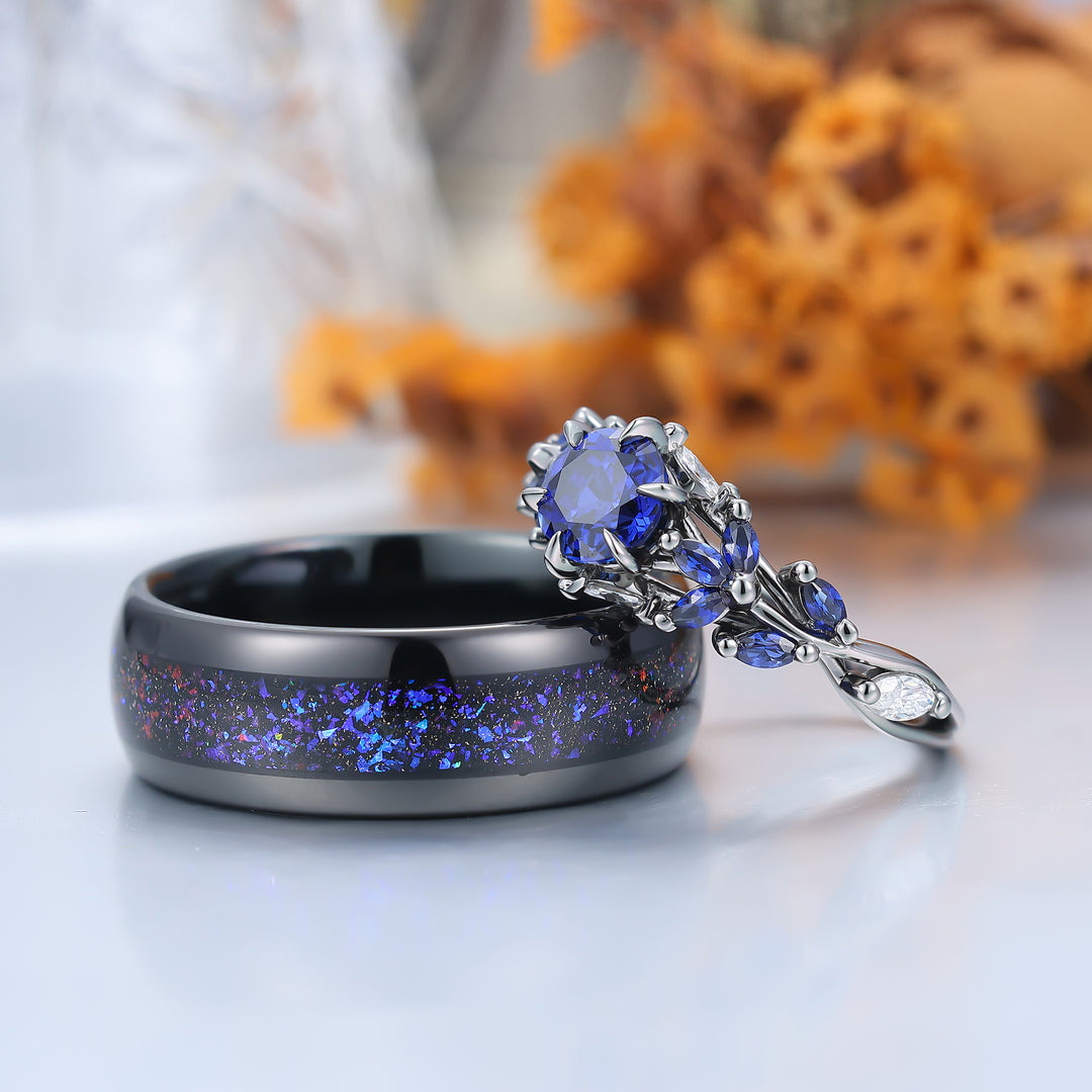 Unique Sapphire Sprigs Engagement His And Hers Wedding Bands Blue Polished Dome Tungsten Rings For Couples
