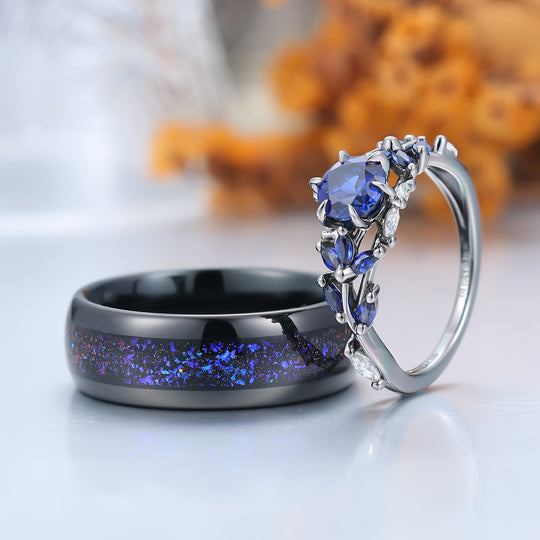 Unique Sapphire Sprigs Engagement His And Hers Wedding Bands Blue Polished Dome Tungsten Rings For Couples