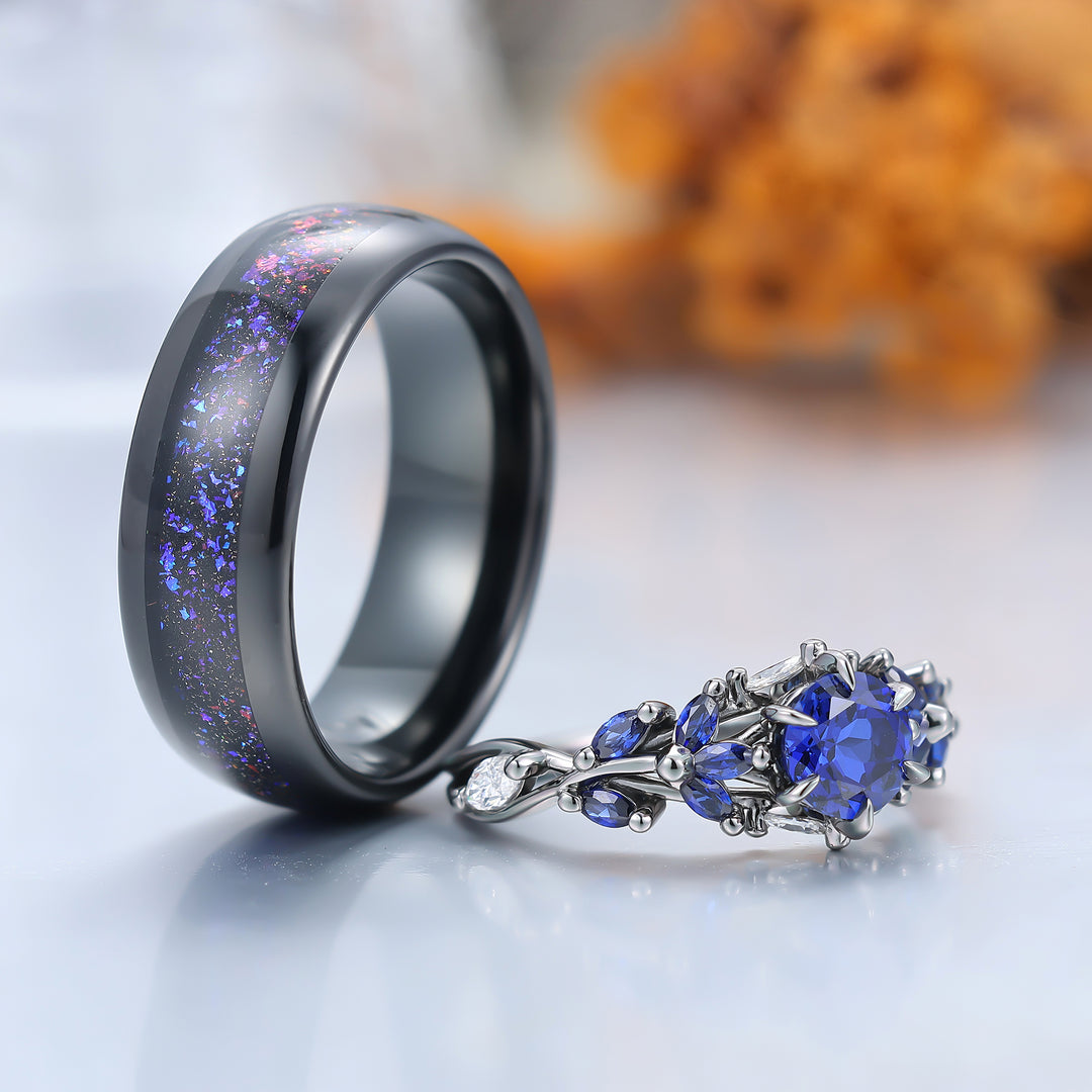 Unique Sapphire Sprigs Engagement His And Hers Wedding Bands Blue Polished Dome Tungsten Rings For Couples