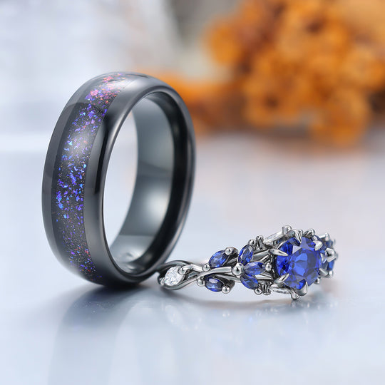 Unique Sapphire Sprigs Engagement His And Hers Wedding Bands Blue Polished Dome Tungsten Rings For Couples