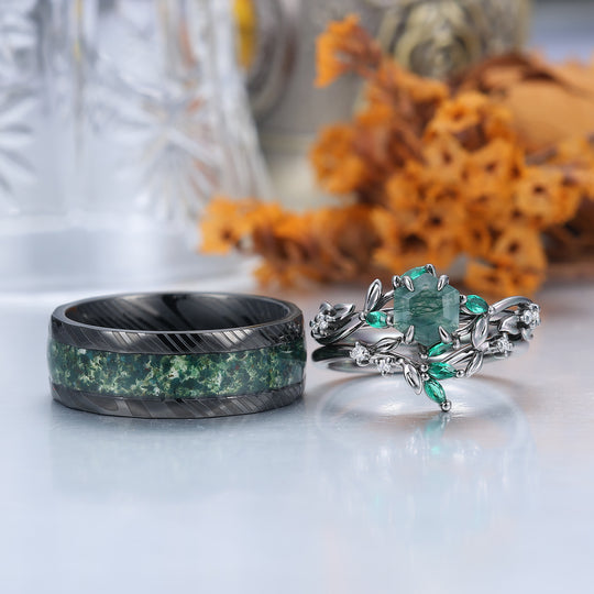 Exquisite Moss Agate Sprigs Engagement Couple Rings Set Promise  Green Damascus Steel Matching Wedding Rings