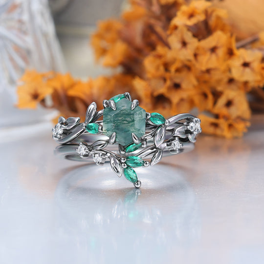 Exquisite Moss Agate Sprigs Engagement Couple Rings Set Promise  Green Damascus Steel Matching Wedding Rings