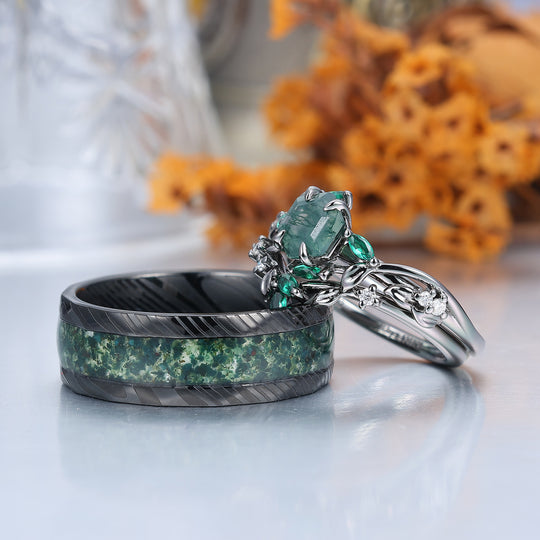 Exquisite Moss Agate Sprigs Engagement Couple Rings Set Promise  Green Damascus Steel Matching Wedding Rings