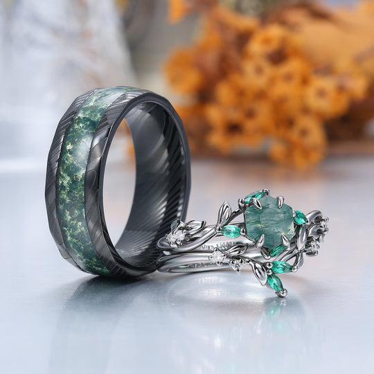 Exquisite Moss Agate Sprigs Engagement Couple Rings Set Promise  Green Damascus Steel Matching Wedding Rings