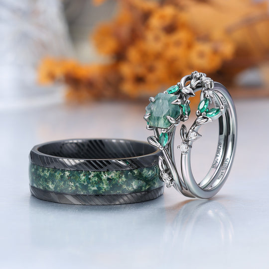 Exquisite Moss Agate Sprigs Engagement Couple Rings Set Promise  Green Damascus Steel Matching Wedding Rings