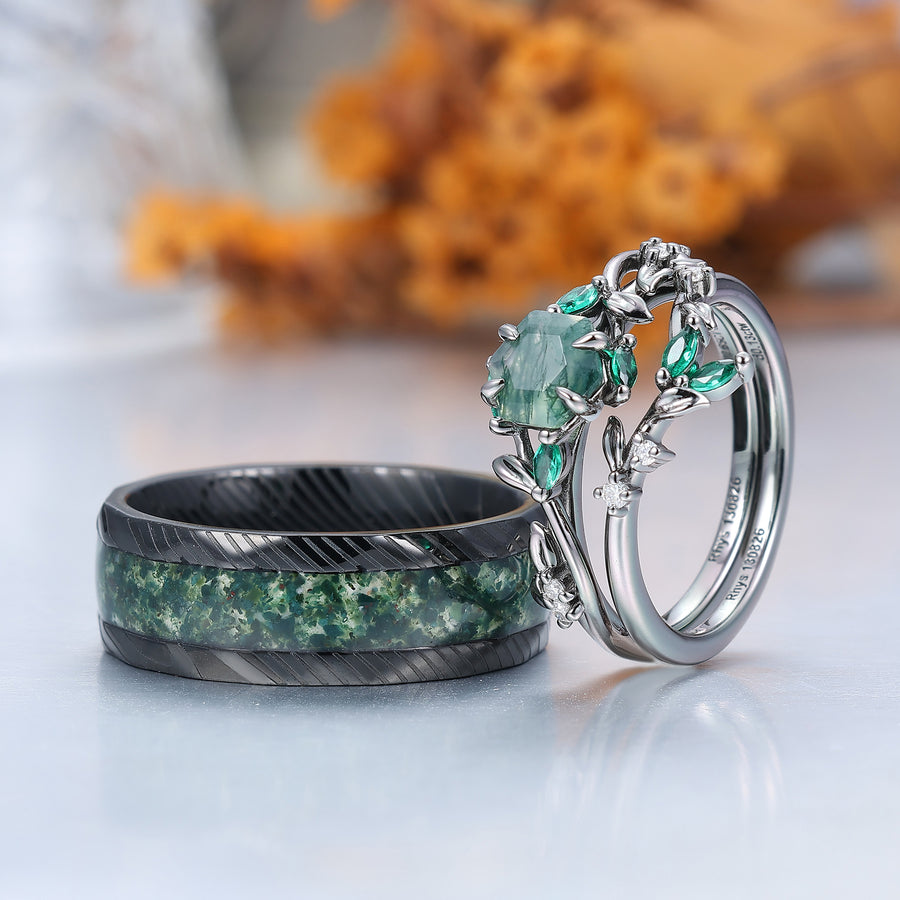 Exquisite Moss Agate Sprigs Engagement Couple Rings Set Promise  Green Damascus Steel Matching Wedding Rings