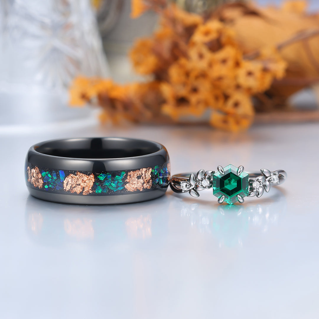 Prong Setting Emerald Wheat Shape Engagement Couple Rings Modern Anniversary His And Hers Wedding Band
