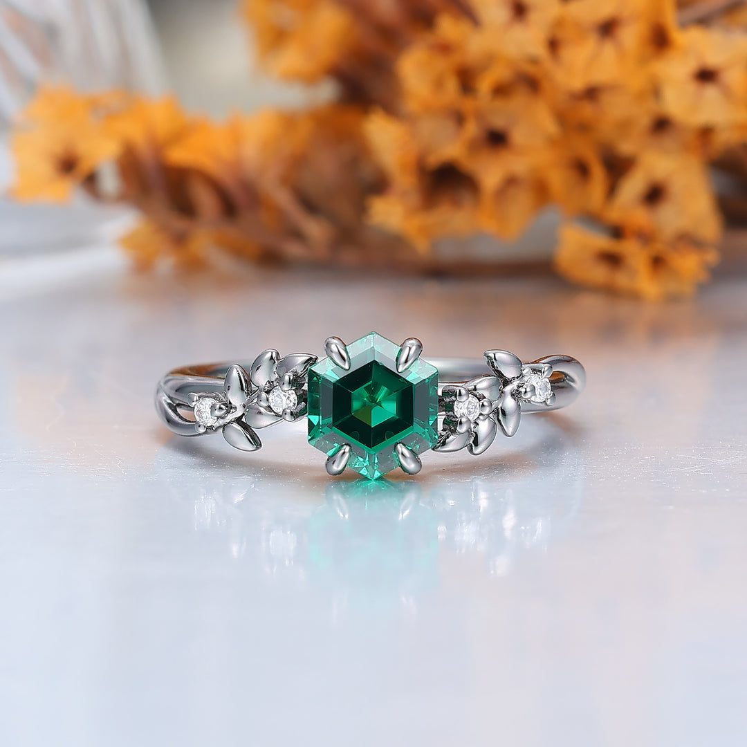 Prong Setting Emerald Wheat Shape Engagement Couple Rings Modern Anniversary His And Hers Wedding Band