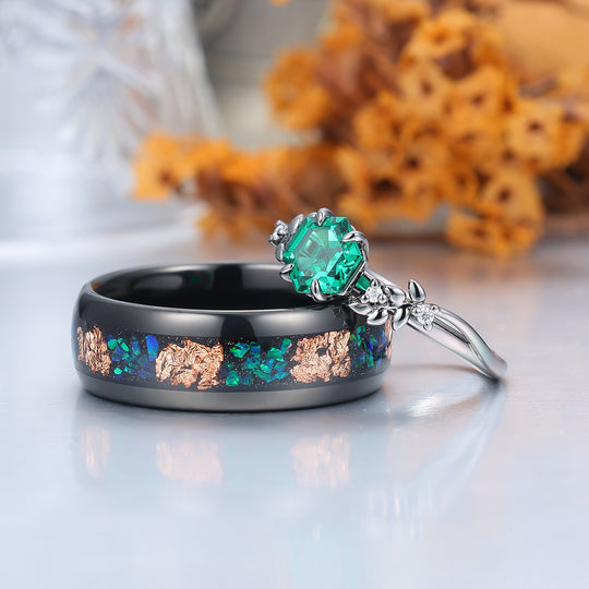 Prong Setting Emerald Wheat Shape Engagement Couple Rings Modern Anniversary His And Hers Wedding Band