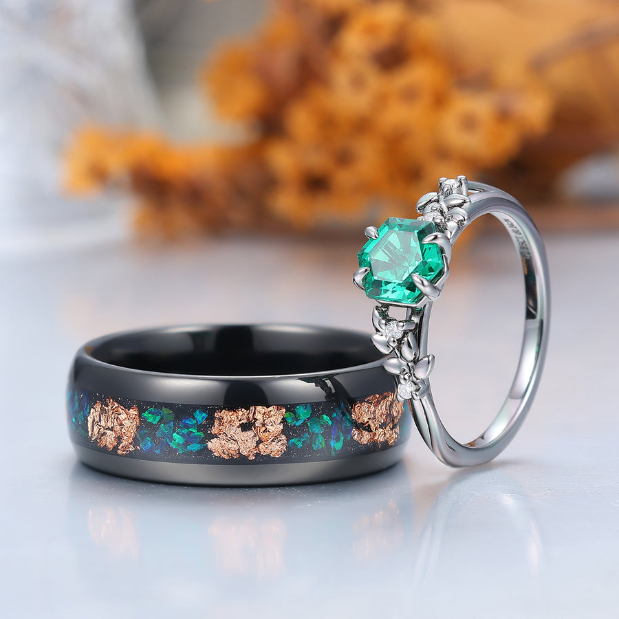 Prong Setting Emerald Wheat Shape Engagement Couple Rings Modern Anniversary His And Hers Wedding Band