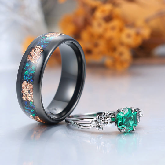 Prong Setting Emerald Wheat Shape Engagement Couple Rings Modern Anniversary His And Hers Wedding Band