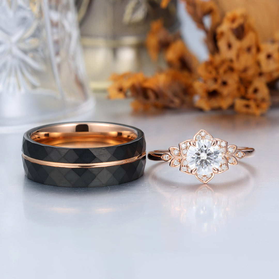 Round Moissanite Leaf Engraved Couple Rings Sterling Silver Matching Rings