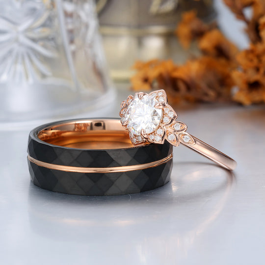 Round Moissanite Leaf Engraved Couple Rings Sterling Silver Matching Rings