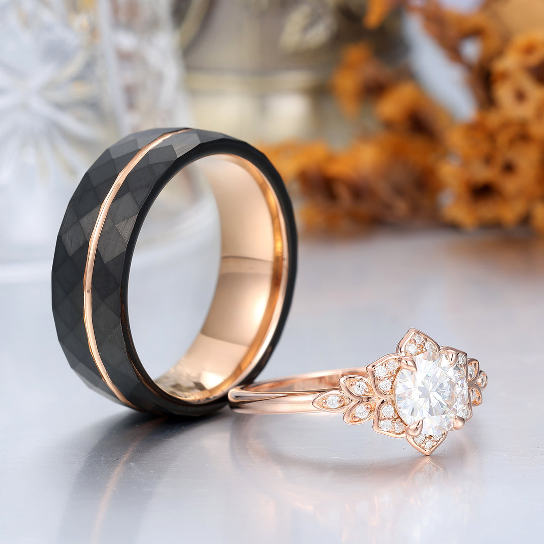 Round Moissanite Leaf Engraved Couple Rings Sterling Silver Matching Rings