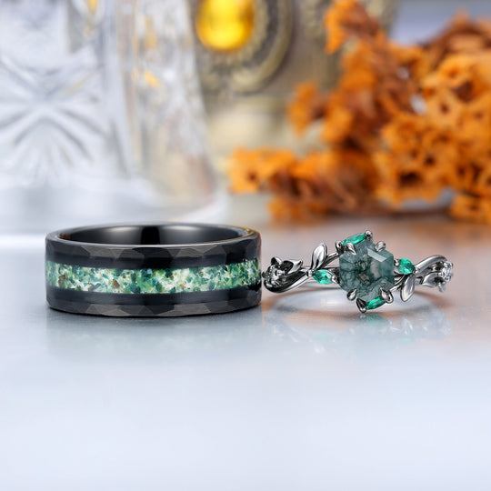 Exquisite Moss Agate Sprigs Engagement Couple Rings Promise Green Tungsten Wedding Rings