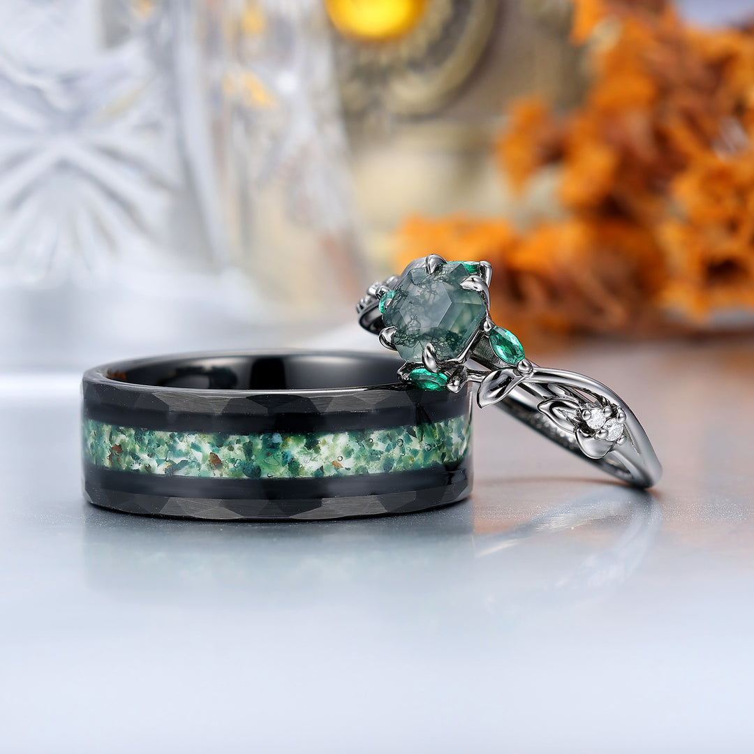 Exquisite Moss Agate Sprigs Engagement Couple Rings Promise Green Tungsten Wedding Rings