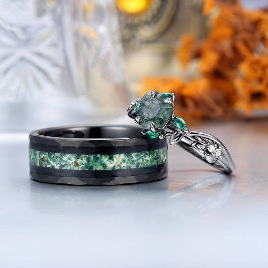 Exquisite Moss Agate Sprigs Engagement Couple Rings Promise Green Tungsten Wedding Rings