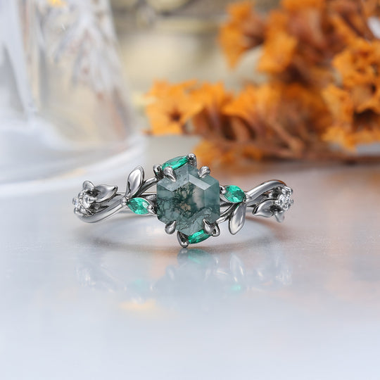 Exquisite Moss Agate Sprigs Engagement Couple Rings Promise Green Tungsten Wedding Rings