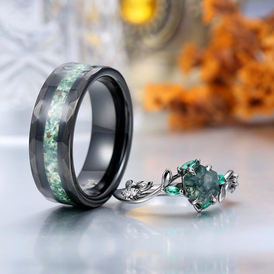 Exquisite Moss Agate Sprigs Engagement Couple Rings Promise Green Tungsten Wedding Rings