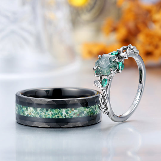 Exquisite Moss Agate Sprigs Engagement Couple Rings Promise Green Tungsten Wedding Rings