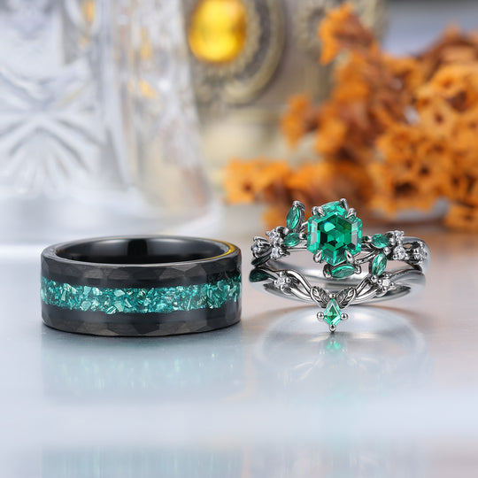 Art Deco Emerald Leaf Branch Couple Rings Leaf Inspired Matching Ring Set Rings For Him And Her
