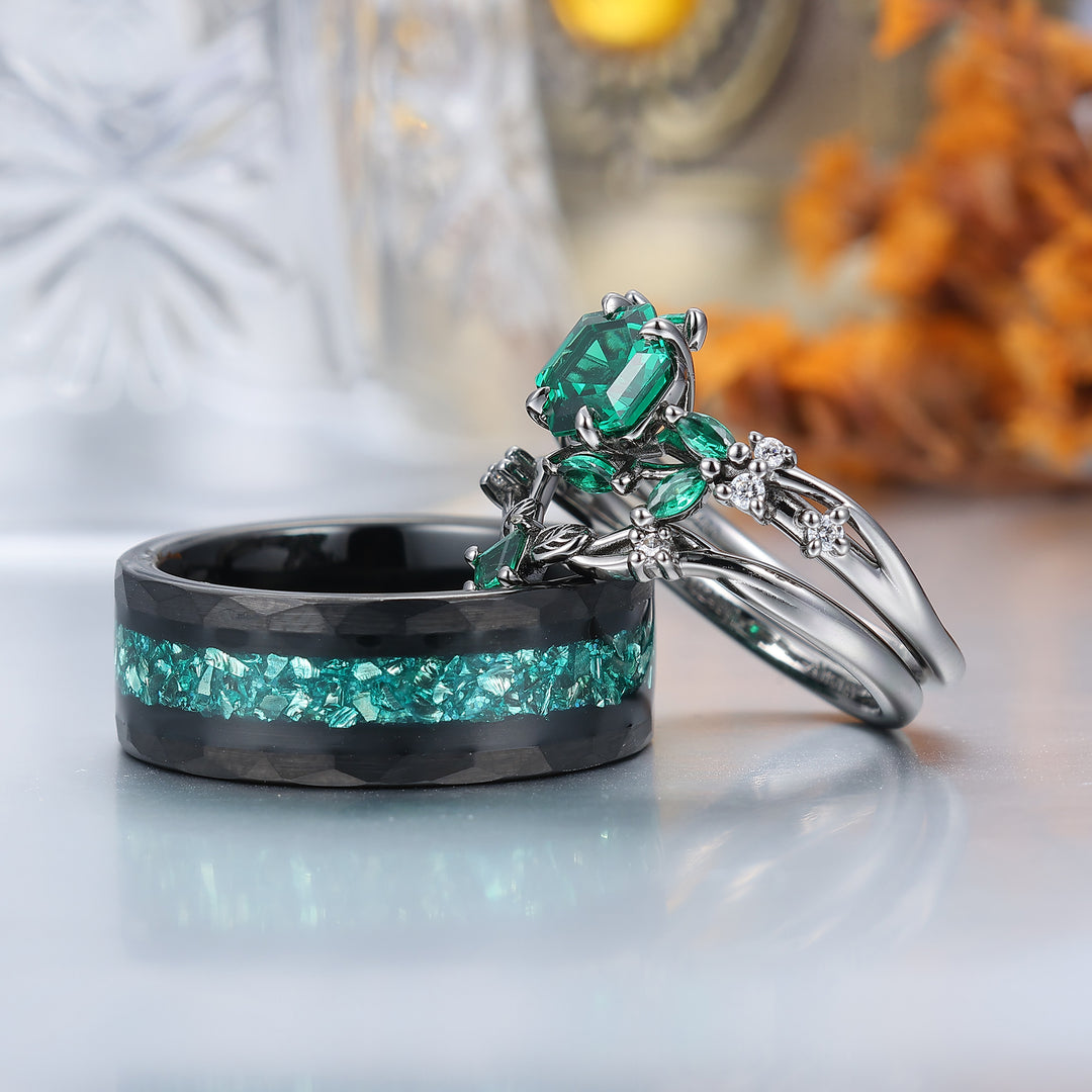 Art Deco Emerald Leaf Branch Couple Rings Leaf Inspired Matching Ring Set Rings For Him And Her