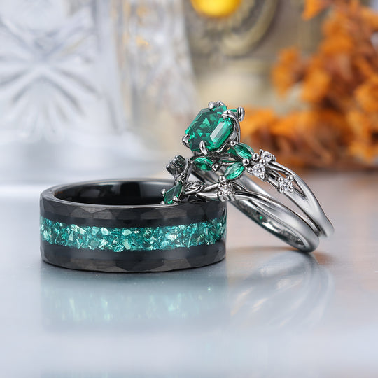 Art Deco Emerald Leaf Branch Couple Rings Leaf Inspired Matching Ring Set Rings For Him And Her