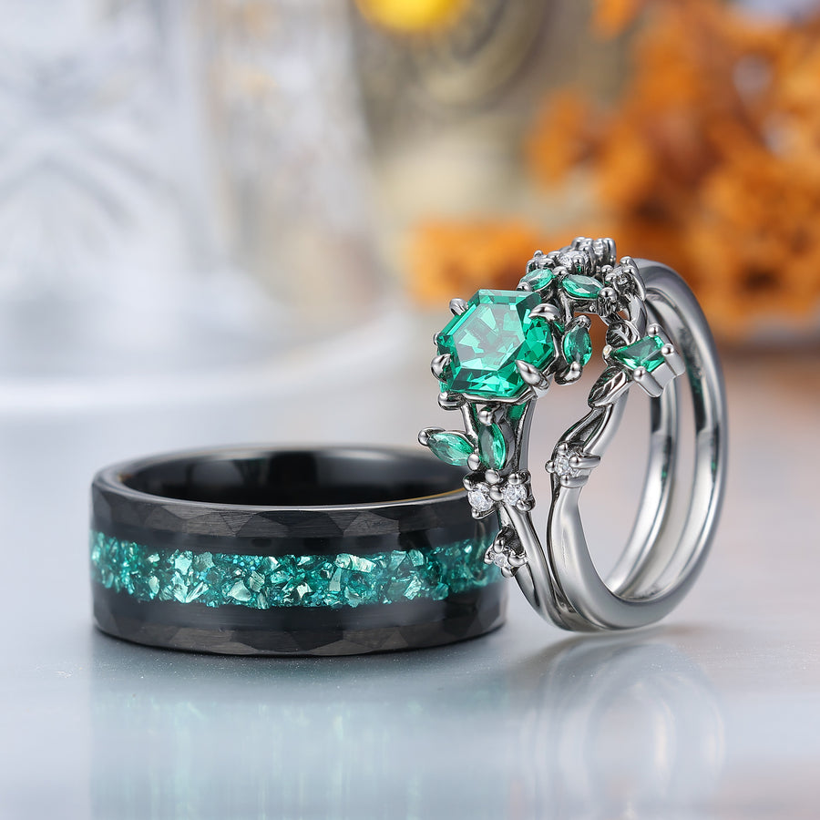 Art Deco Emerald Leaf Branch Couple Rings Leaf Inspired Matching Ring Set Rings For Him And Her