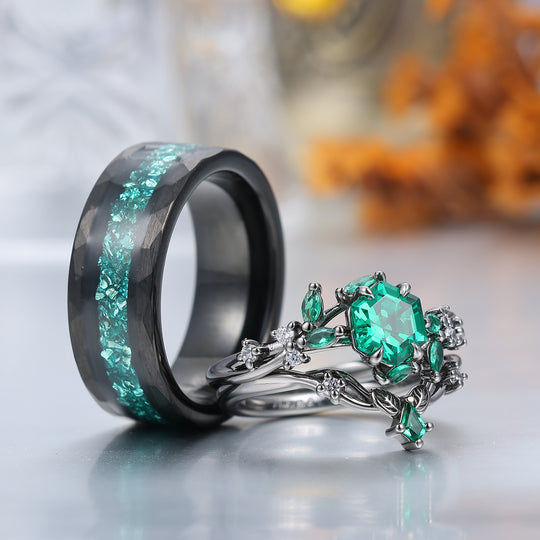 Art Deco Emerald Leaf Branch Couple Rings Leaf Inspired Matching Ring Set Rings For Him And Her