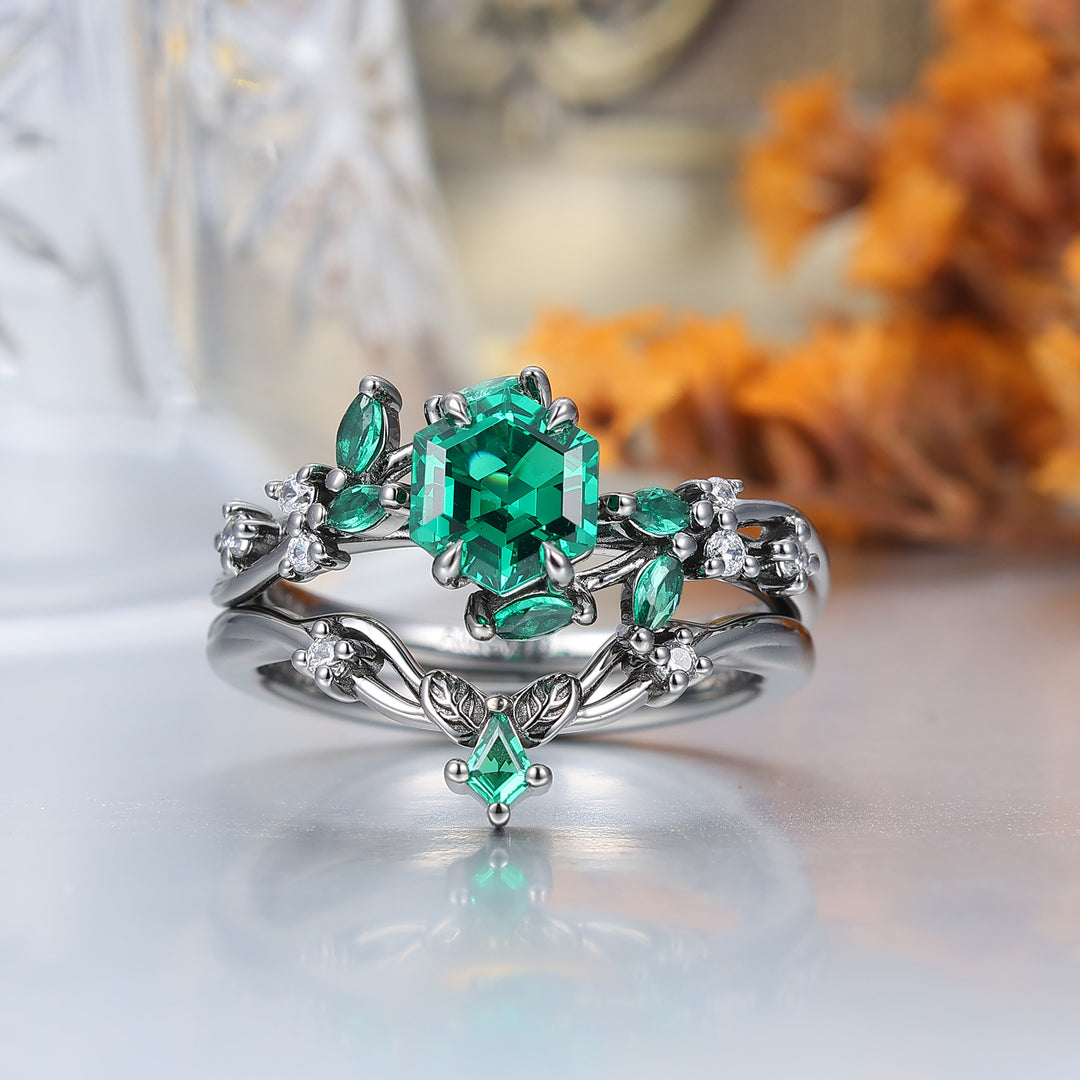 Art Deco Emerald Leaf Branch Couple Rings Leaf Inspired Matching Ring Set Rings For Him And Her