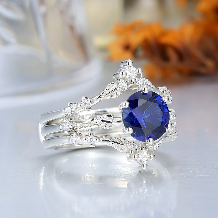 Natural Inspired Round Sapphire Leaf Engraved Engagement Ring Yellow Gold Bridal Ring