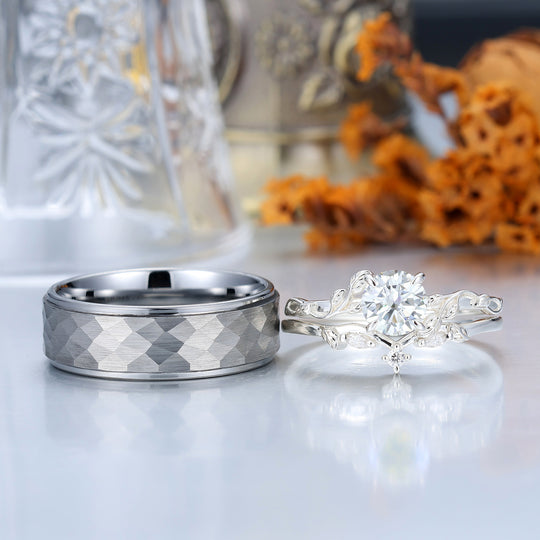 Leaf Style Moissanite Couple Ring Set Marriage Ring Set His And Hers Matching Rings
