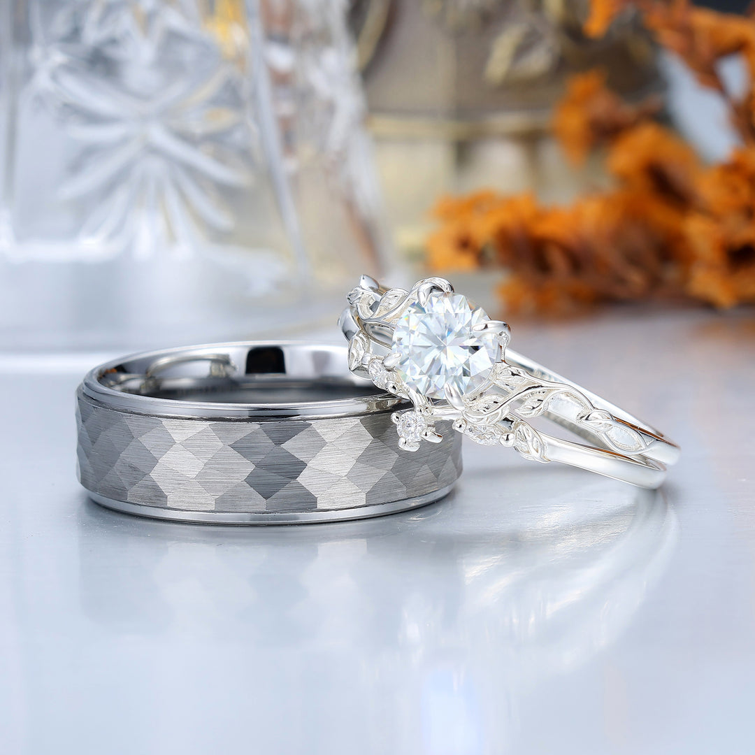 Leaf Style Moissanite Couple Ring Set Marriage Ring Set His And Hers Matching Rings