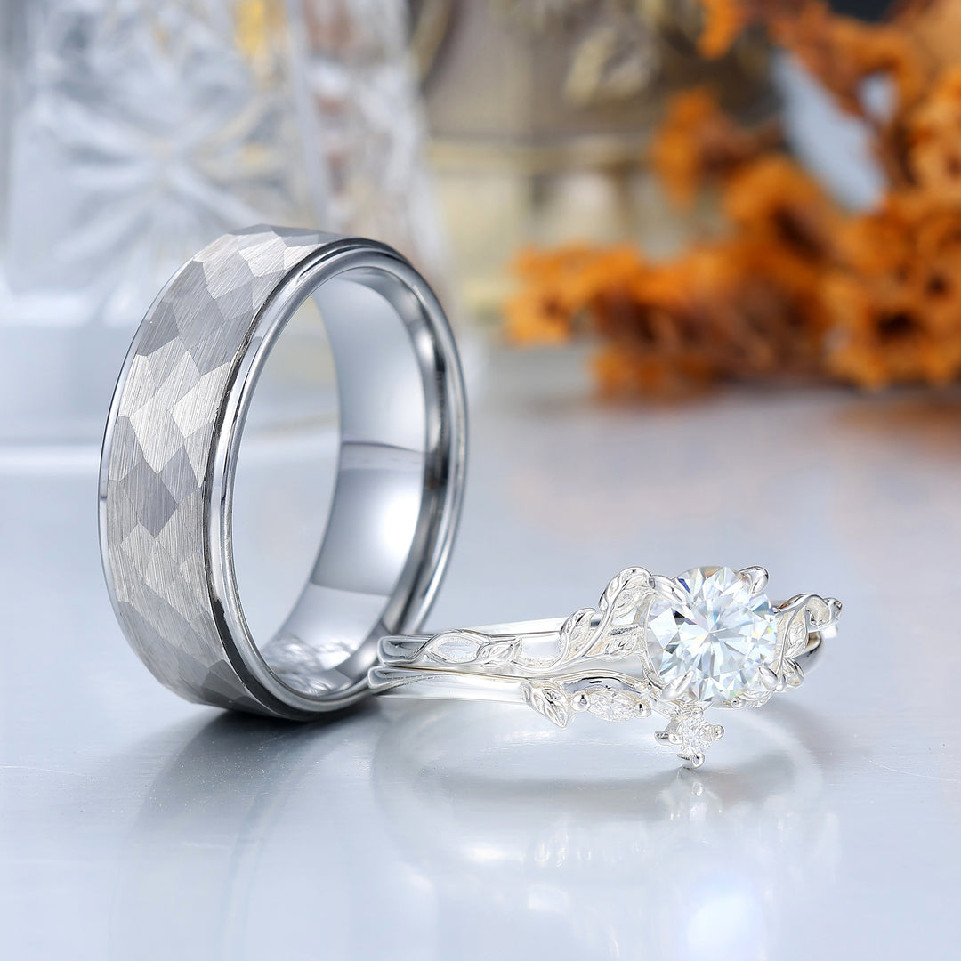 Leaf Style Moissanite Couple Ring Set Marriage Ring Set His And Hers Matching Rings