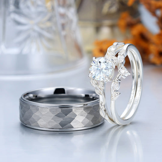 Leaf Style Moissanite Couple Ring Set Marriage Ring Set His And Hers Matching Rings