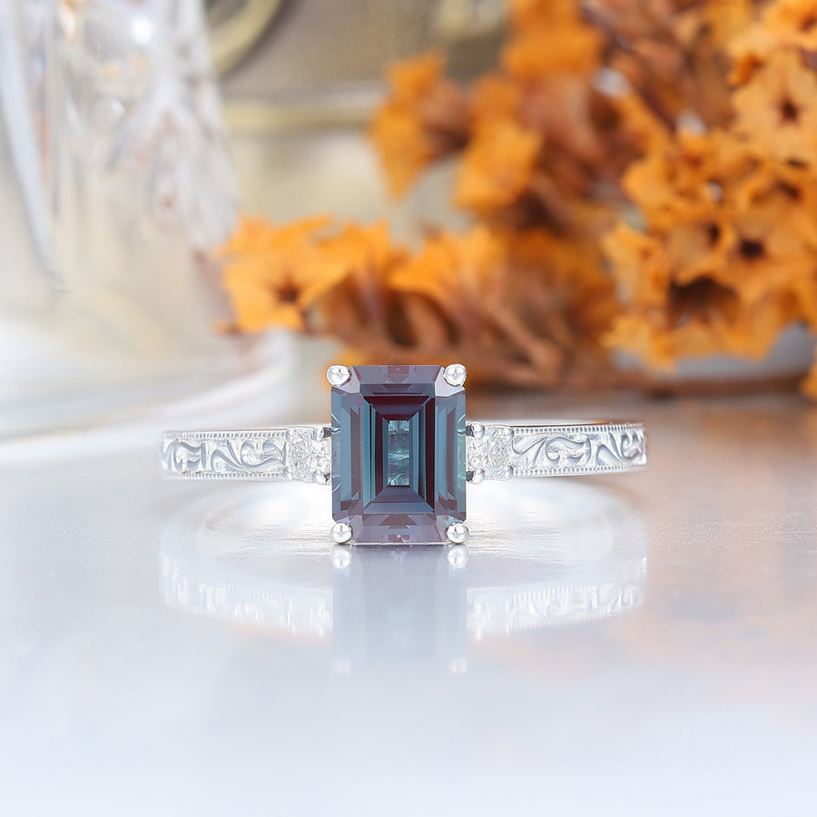 Unique Milgraine 2CT Emerald Cut Alexandrite Wedding Ring For Women 3 Stone Engagement Ring